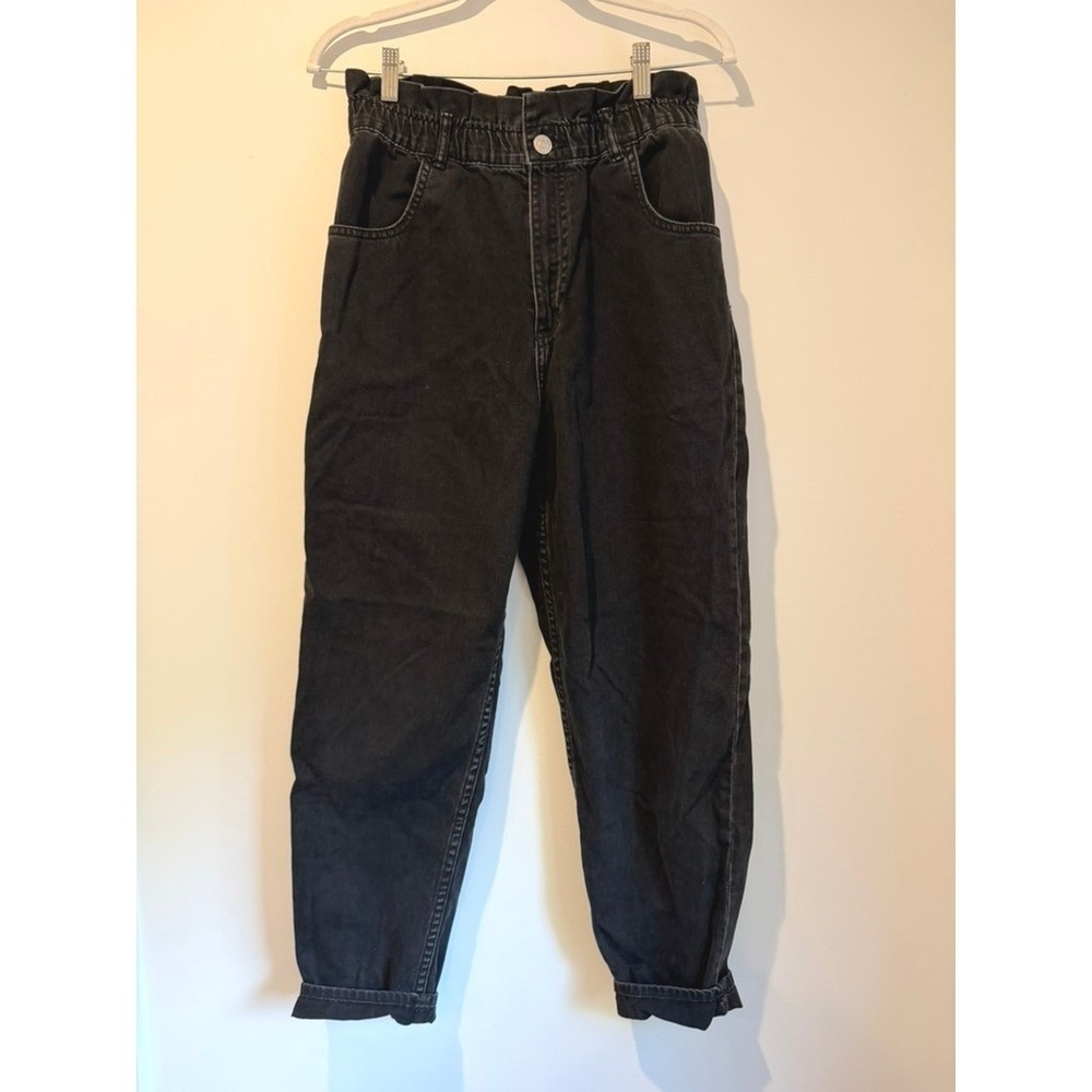 Zara High-Rise Paperbag Carrot Fit Jeans, Black Denim, Elastic Waist, Size S